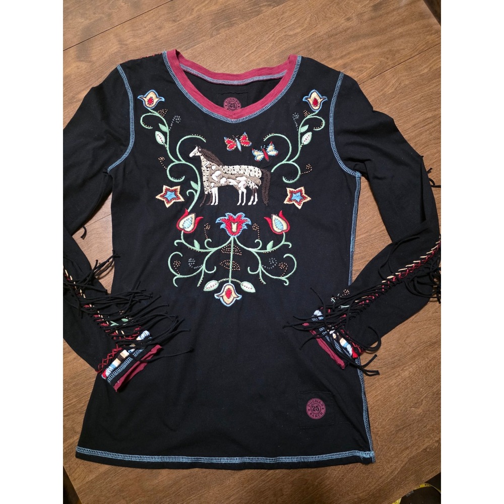 Double D Ranch Western Embroidered Horse Fringe Long Sleeve Top Black Small - Picture 10 of 12